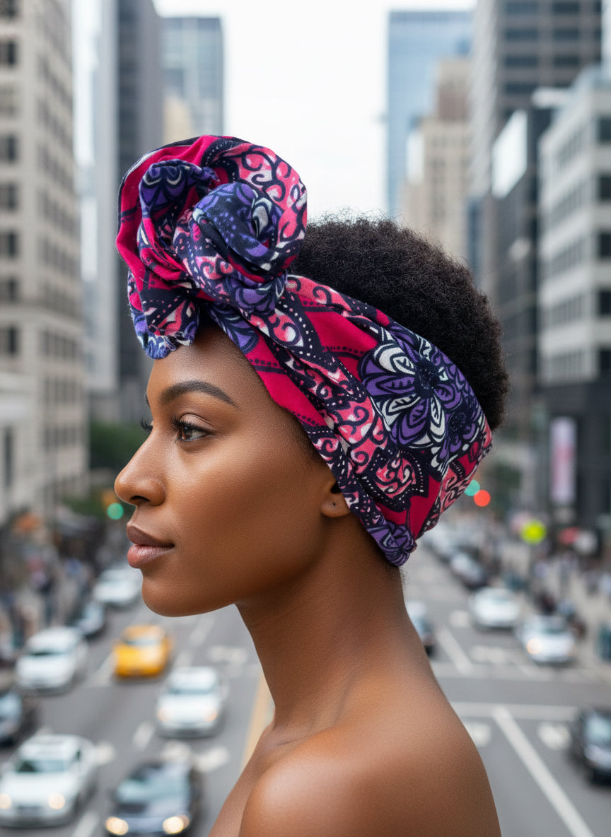 Bandeau collection africaine Wax violette et fuchsia