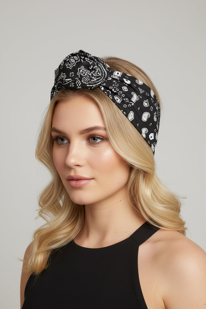 Bandeau Black & White Paisley Fait Main