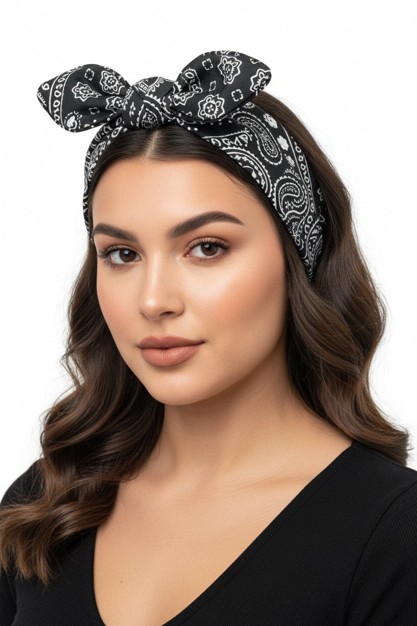Bandeau Black & White Paisley Fait Main