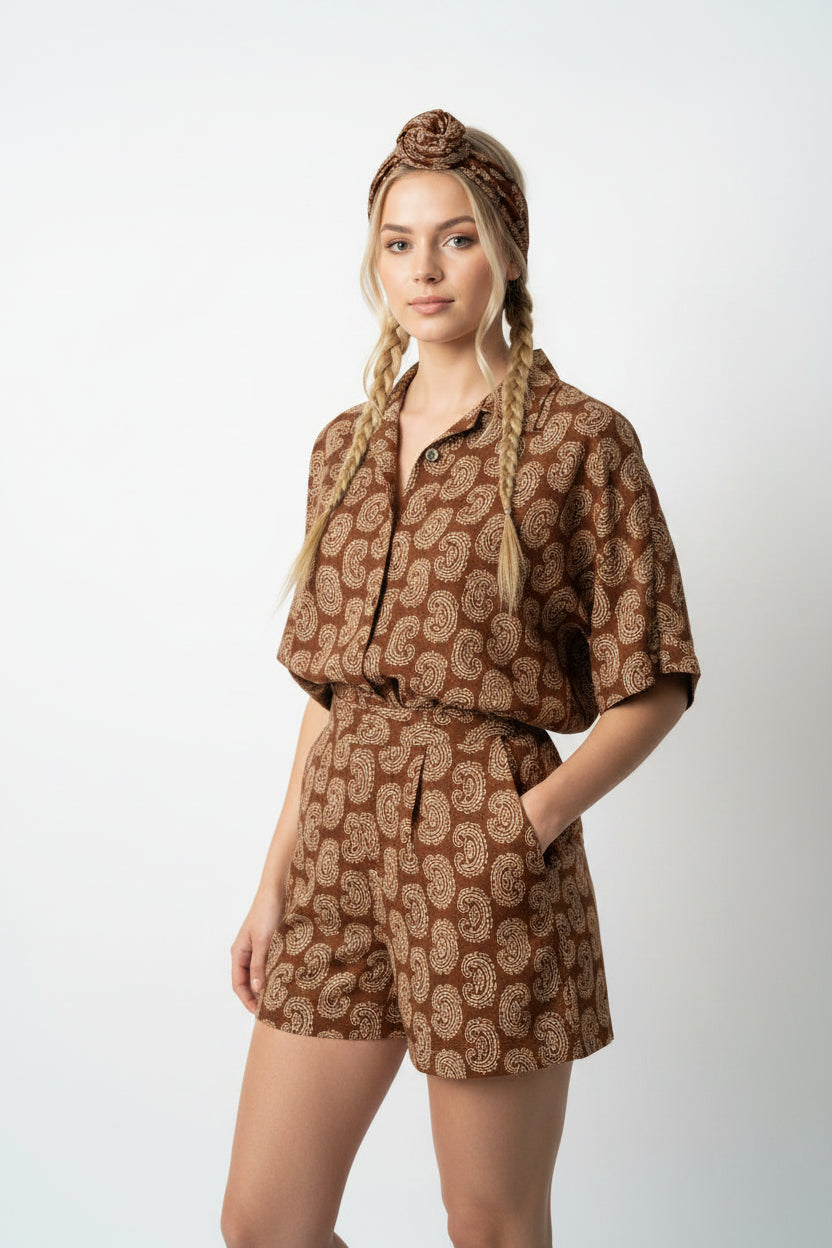 Duo Bandeau & Chouchou Paisley Chocolat Fait Main