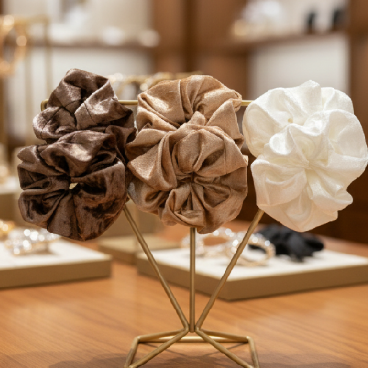 Chouchou ivoire, Beige nacré Marron irisé trio chouchou
