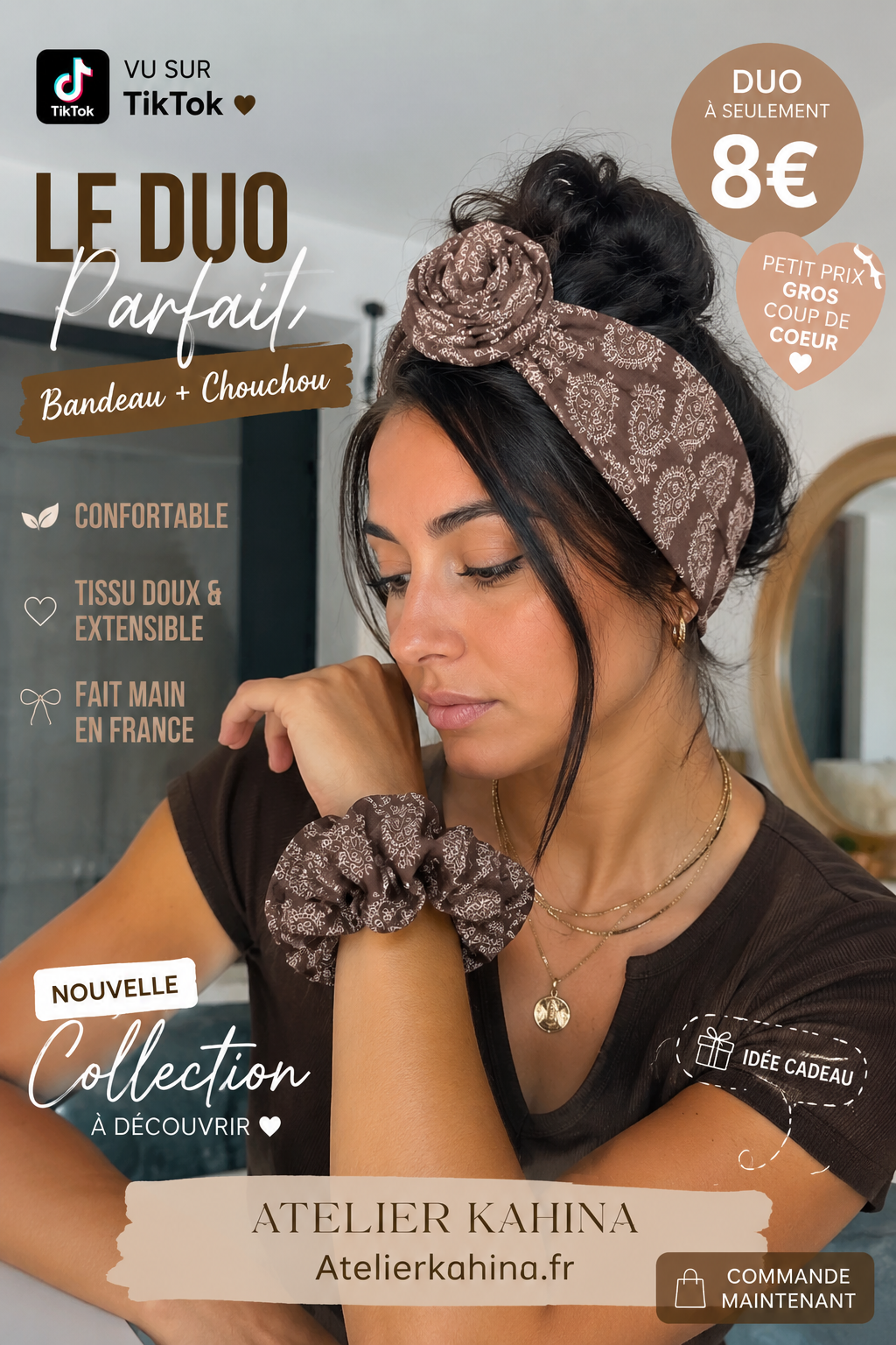 Duo Bandeau & Chouchou Paisley Chocolat Fait Main